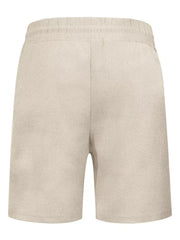 Khaki textured jogger shorts with elastic waistband and drawstring detail.