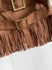 Belted mini skirt in brown suede with antique brass buckles and fringe detail.