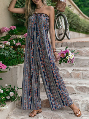 Boho bandeau jumpsuit with wide legs and a blue paisley print.
