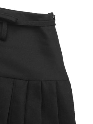 Black pleated mini skirt with tie-waist detail and zipper closure