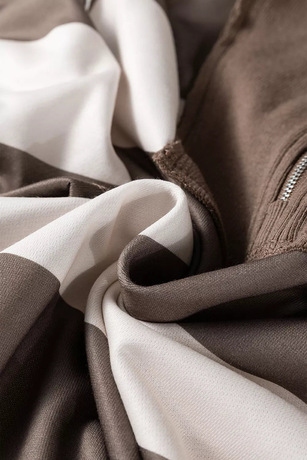 Striped Color Block Zip Collar Oversize Sweatshirt in Coffee Brown, fabric detail