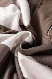 Striped Color Block Zip Collar Oversize Sweatshirt in Coffee Brown, fabric detail