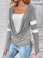 Light gray long sleeve tee with cowl neck, white stripe accents, and side drawstring detail.
