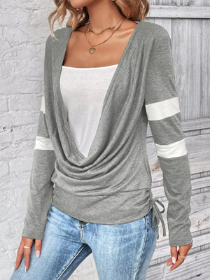 Light gray long sleeve tee with cowl neck, white stripe accents, and side drawstring detail.
