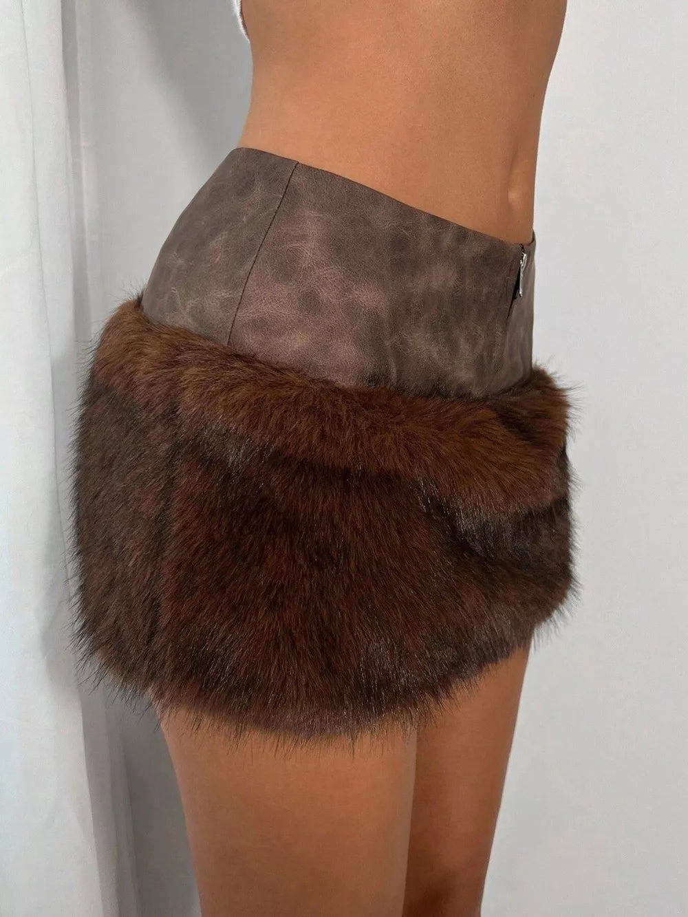 Faux Fur Trim Mini Skirt in Brown, side view