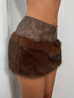 Faux Fur Trim Mini Skirt in Brown, side view