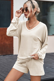 Cream ribbed knit lounge set with v-neck top and shorts