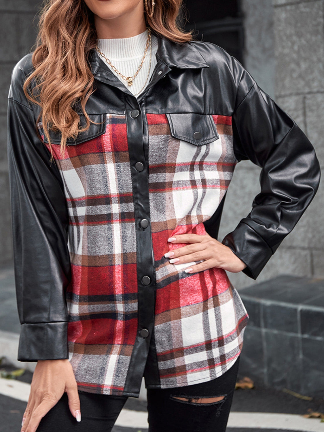 Black plaid & faux leather hybrid shacket with button-down front and chest pockets.