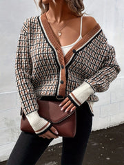 Geometric knit cardigan in caramel with button front and contrast trim.