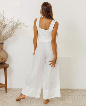 White linen square neck tank top and wide leg pants set