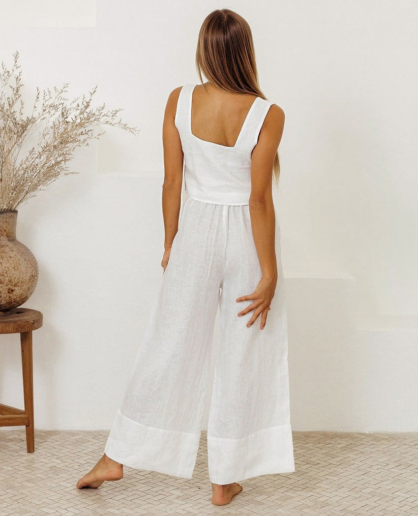 White linen square neck tank top and wide leg pants set