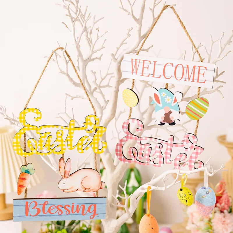 Easter Charm Trio wooden hanging decor with bunnies, carrots, and eggs in yellow and pink gingham styles.