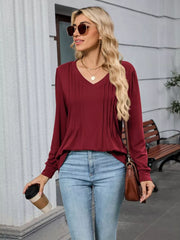 Burgundy V-neck long sleeve maternity t-shirt with subtle front pleats.