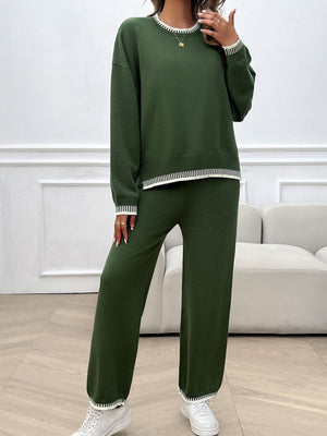 Army green knit lounge set with white ribbed trim on crewneck, cuffs, and hem.