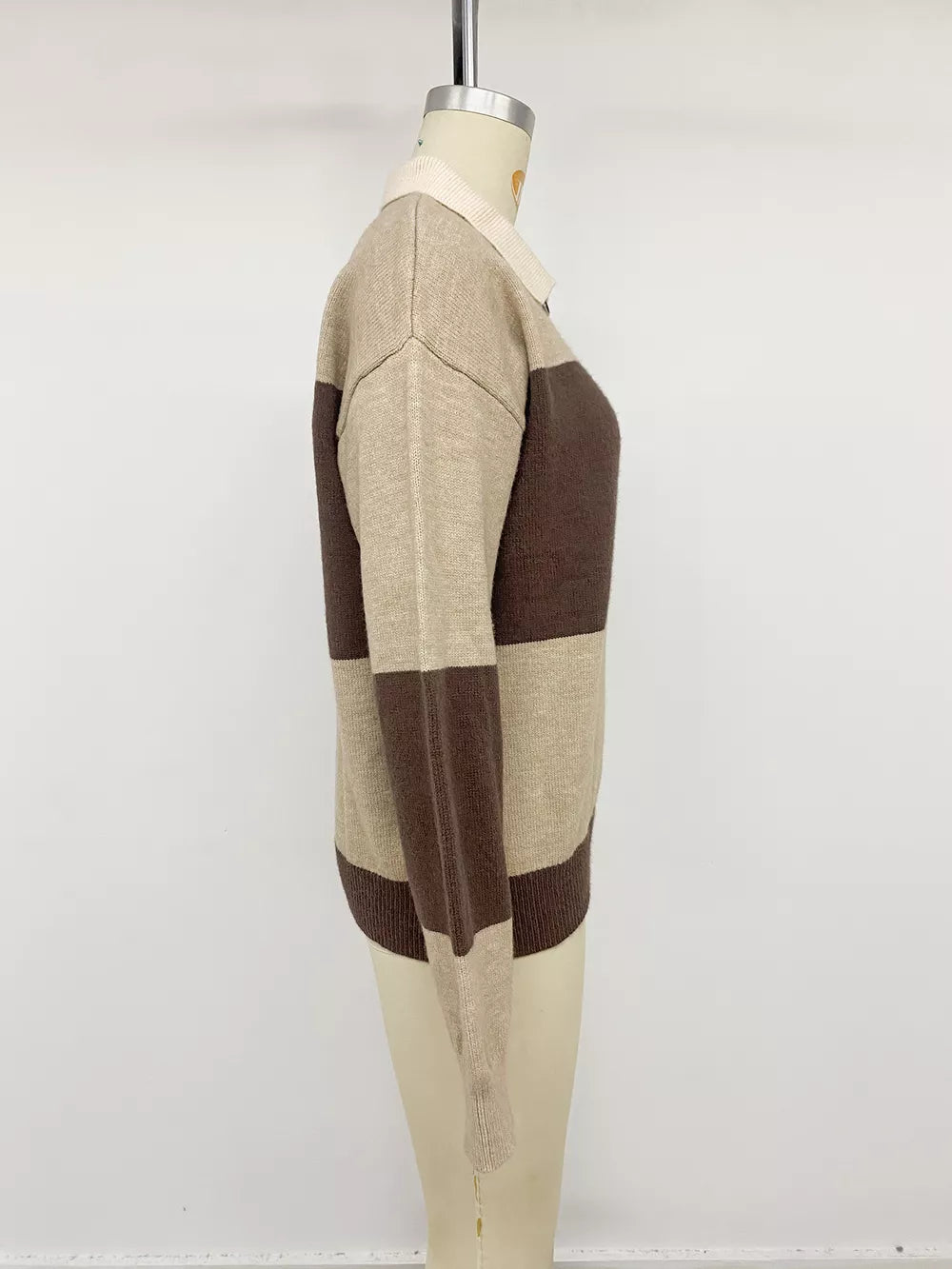 Color Block Polo Collar Sweater in Coffee Brown, alternate angle