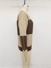 Color Block Polo Collar Sweater in Coffee Brown, alternate angle