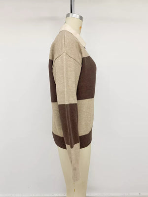 Color Block Polo Collar Sweater in Coffee Brown, alternate angle