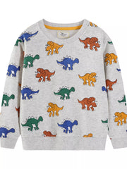 Light gray crew neck sweatshirt with allover dinosaur print.