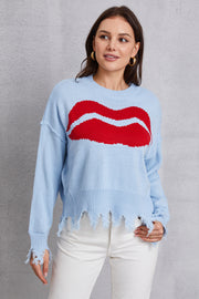Light blue acrylic sweater with red kiss graphic and distressed hem