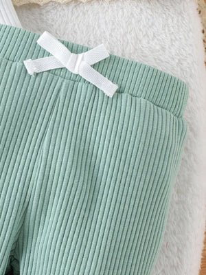 Children's Ruffled Polka Dot Bodysuit And Pants Set in Light Green, back view