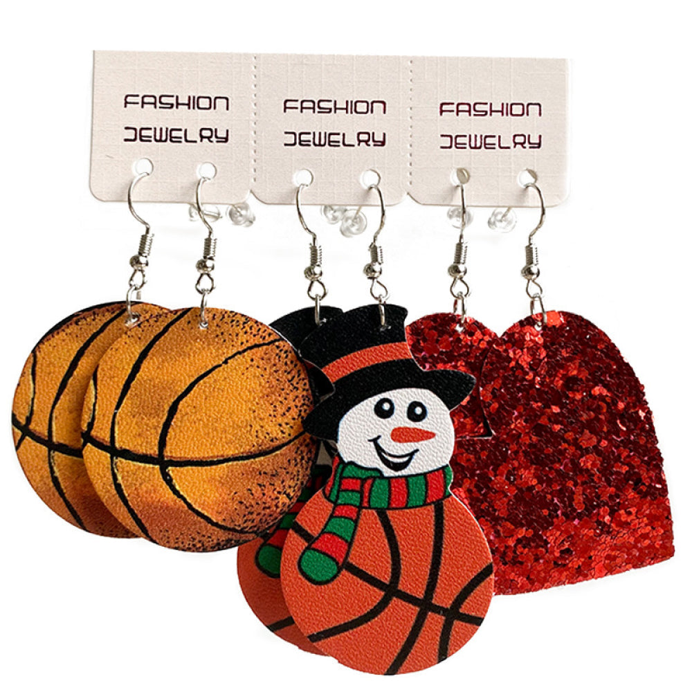 Festive sports earrings set with basketballs, snowman, and red glitter shapes.