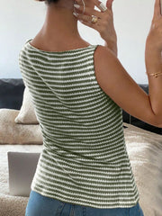 Moss green and white striped textured button-down tank top with a scoop neck.