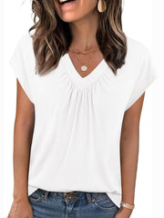 White ruched v-neck t-shirt with short sleeves and relaxed fit.