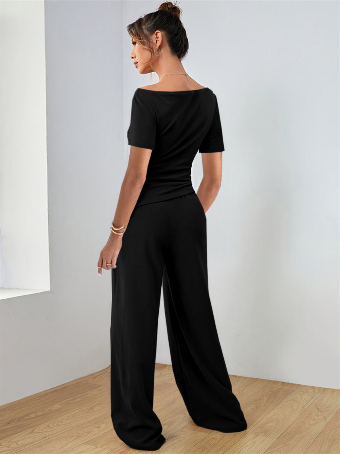 Black boat neck jersey co-ord set with wide leg pants