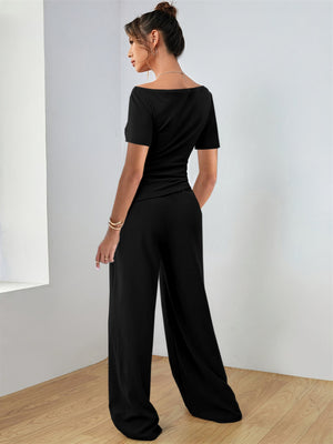Black boat neck jersey co-ord set with wide leg pants