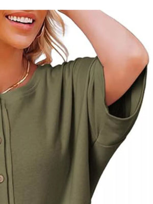 Khaki waffle-knit t-shirt with button detail and short sleeves.