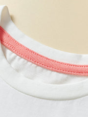 White cotton toddler t-shirt with pink ribbed crew neck detail