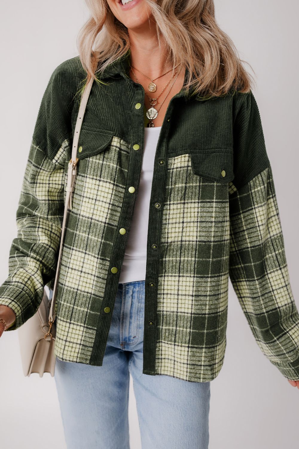 Corduroy yoke plaid overshirt in Black Forest with button front and chest pockets.