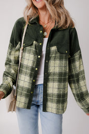 Corduroy yoke plaid overshirt in Black Forest with button front and chest pockets.