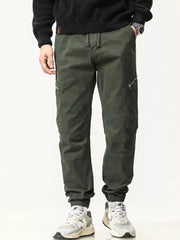 Men's Army Green Cotton Cargo Pants with Zipper Pockets and drawstring waist