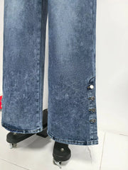 Wide-leg denim jeans in blue with button accents on the side hem
