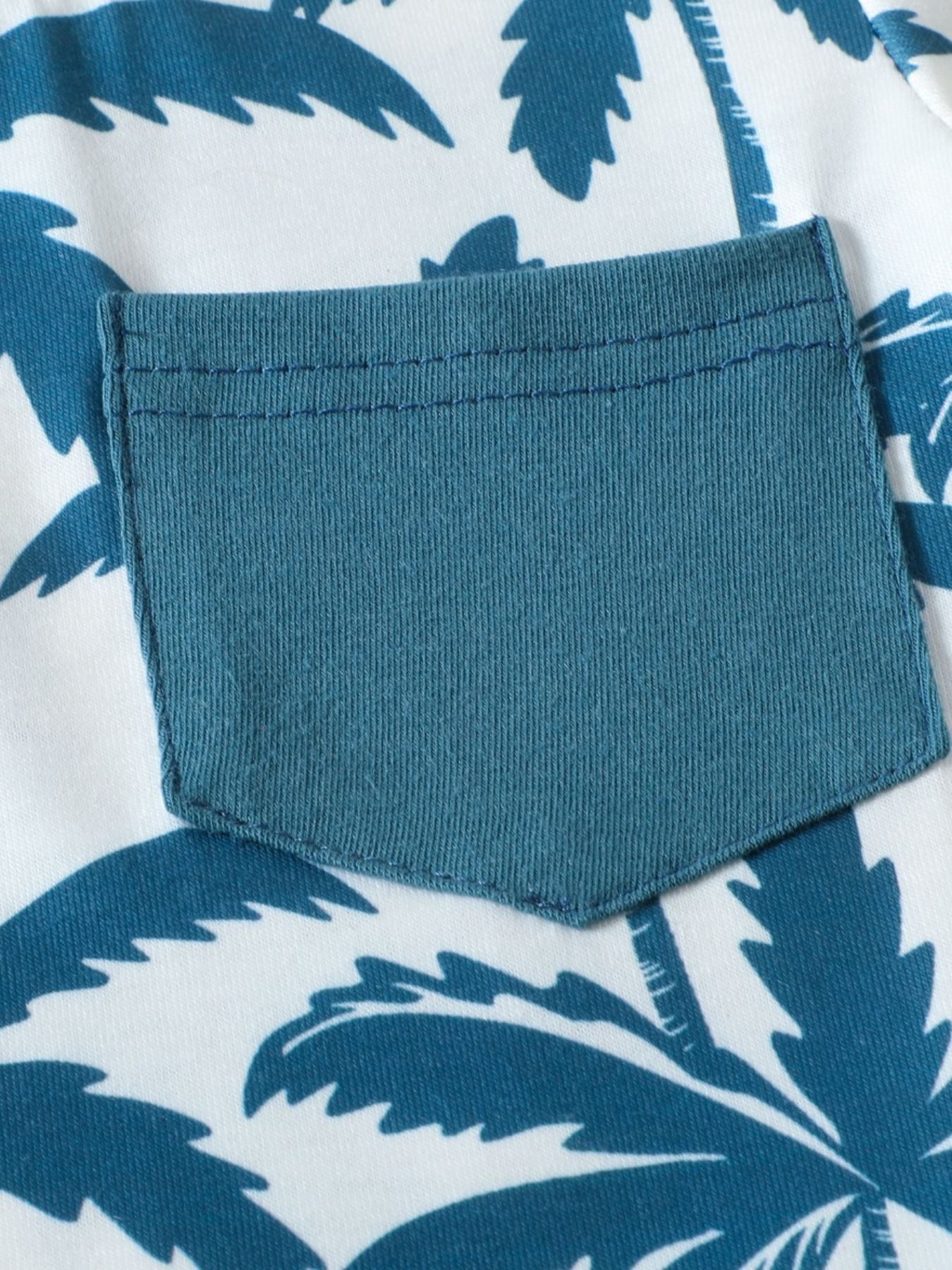 Baby set in French Blue with tropical palm print and chest pocket, cotton blend.