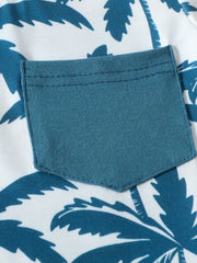 Baby set in French Blue with tropical palm print and chest pocket, cotton blend.