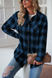 Dreamer Plaid Drop-Shoulder Jacket in Dark Blue with button front and chest pocket.