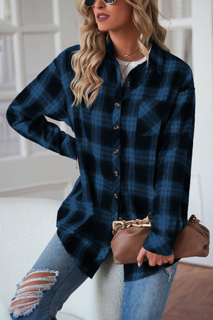 Dreamer Plaid Drop-Shoulder Jacket in Dark Blue with button front and chest pocket.