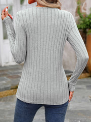 Gray ribbed long sleeve top with round neck and button detail