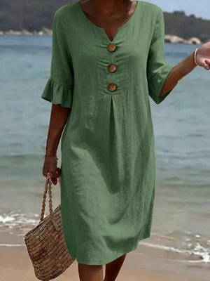 Full Size Casual Button Midi Dress With Ruffle Sleeves in Yellow, product detail