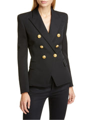 Black double-breasted blazer with gold buttons and notched collar