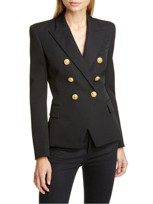 Black double-breasted blazer with gold buttons and notched collar