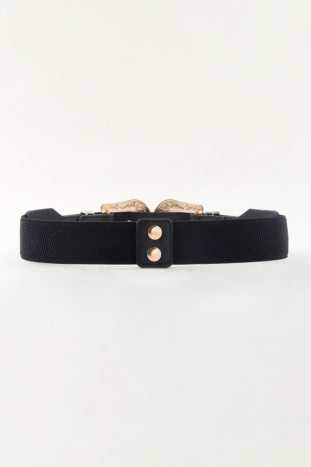 Black elastic belt with double gold western-inspired buckles and gold stud detail