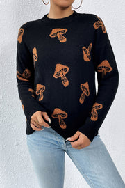 Black acrylic mock neck sweater with allover brown mushroom print.