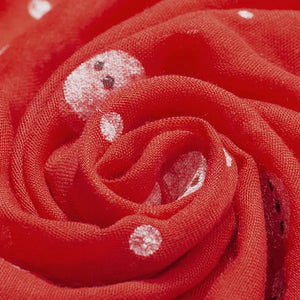 Red scarf with a cheerful white snowman print, soft fabric detail