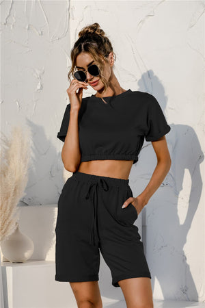 Black rolled sleeve crop top and drawstring shorts lounge set