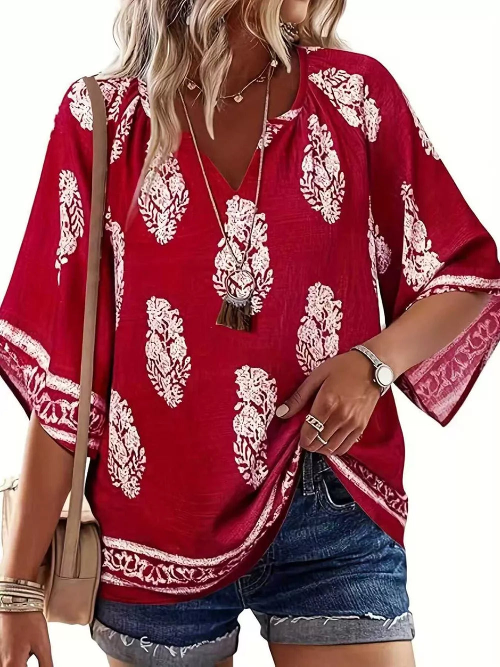 Printed Notched 3/4 Sleeve Blouse in Red, alternate angle