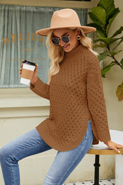 Caramel textured diamond knit mock neck pullover sweater with side slits.