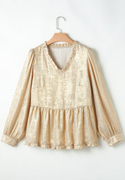 Metallic gold peplum blouse with ruffled V-neck and gathered sleeves.
